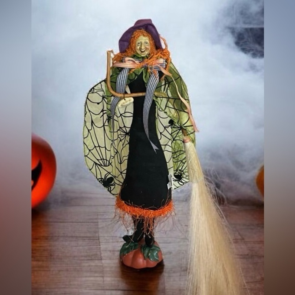 VTG Halloween Large Witch Cobweb Cape standing on Pumpkin Whimsical Decor 18”